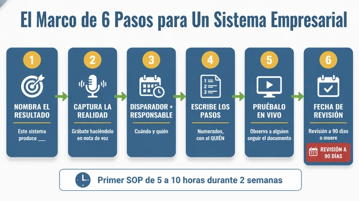 Flujo de proceso horizontal de seis etapas que muestra el marco para documentar un sistema empresarial de principio a fin: nombra el resultado, captura la realidad actual, define disparador y responsable, escribe los pasos, pruébalo en vivo con otro operador y establece una fecha de revisión a 90 días.
