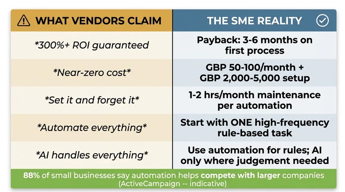 Two-panel comparison graphic contrasting vendor claims about business automation against the honest SME reality. Myths include guaranteed 300% ROI, near-zero cost, and set-and-forget simplicity. Realities include a 3-6 month payback on a first automation, £50-£100 per month in subscriptions plus £2,000-£5,000 setup, and 1-2 hours of maintenance per month per automation.