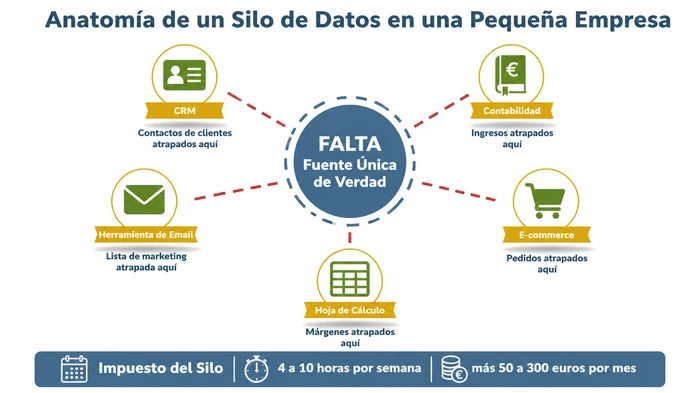 Infográfico que muestra cinco herramientas desconectadas de una pequeña empresa — CRM, contabilidad, email, e-commerce y la hoja de cálculo del fundador — orbitando un hub vacío etiquetado como falta fuente única de verdad, con un pie que indica el impuesto del silo de cuatro a diez horas por semana y de cincuenta a trescientos euros al mes.