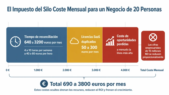 Gráfico de barra horizontal apilada que muestra el impuesto del silo mensual para un negocio de veinte personas, desglosándolo en tiempo de reconciliación de 640 a 3200 euros, licencias SaaS duplicadas de 50 a 300 euros, y coste de oportunidades perdidas como la línea más alta a menudo, con una advertencia de que las cifras empresariales de 15 millones de euros no se reducen proporcionalmente.