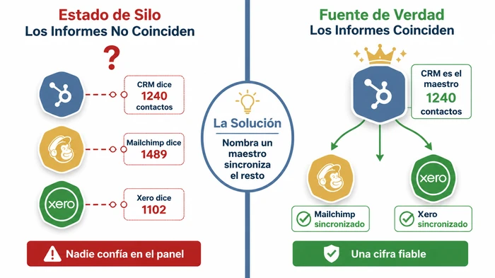 Comparación lado a lado de un stack de pequeña empresa en estado de silo con tres herramientas reportando recuentos distintos de contactos de 1240, 1489 y 1102 frente a un estado de fuente de verdad donde un CRM se nombra maestro y las demás herramientas se sincronizan para mostrar una única cifra fiable.