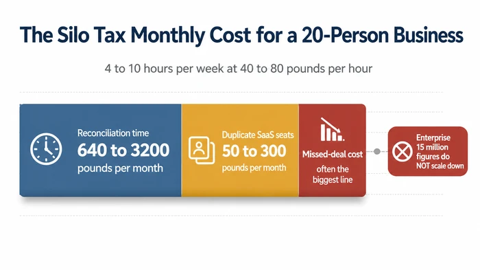 Stacked horizontal bar chart showing the monthly silo tax for a twenty-person business, breaking it into reconciliation time of 640 to 3200 pounds, duplicate SaaS seats of 50 to 300 pounds, and missed-deal cost as often the biggest line, with a warning that enterprise 15 million pound figures do not scale down.