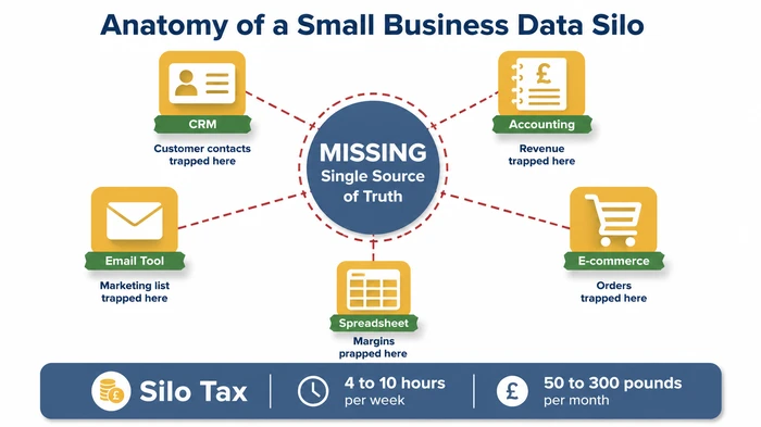 Infographic showing five disconnected small business tools — CRM, accounting, email, e-commerce, and a founder's spreadsheet — orbiting an empty hub labelled missing single source of truth, with a footer noting the silo tax of four to ten hours per week and fifty to three hundred pounds per month.