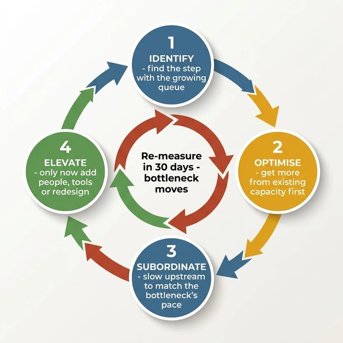 Circular four-step cycle diagram of the Theory of Constraints bottleneck management principles: Identify, Optimise, Subordinate, Elevate, with a central note to re-measure in 30 days because fixing one bottleneck moves it elsewhere.