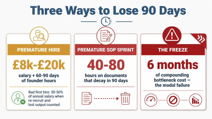 Three-panel comparison of the failure modes when choosing between hiring and systematizing: a premature hire costing 8 to 20 thousand pounds plus 60-90 founder days, a premature SOP sprint of 40-80 wasted hours, and the freeze costing six months of compounding bottleneck damage.