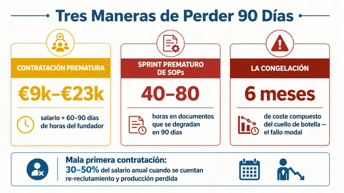Comparación de tres paneles de los modos de fallo al elegir entre contratar y sistematizar: una contratación prematura que cuesta de 9 mil a 23 mil euros más 60-90 días del fundador, un sprint prematuro de SOPs de 40-80 horas desperdiciadas, y la congelación que cuesta seis meses de daño compuesto por cuello de botella.