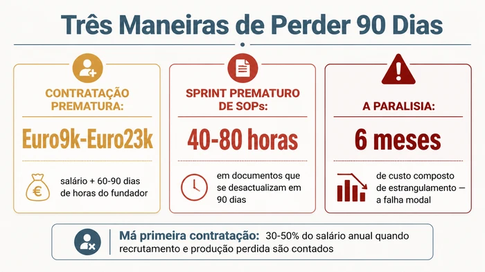 Comparação de três painéis dos modos de falha ao escolher entre contratar e sistematizar: uma contratação prematura a custar 9 a 23 mil euros mais 60-90 dias do fundador, um sprint prematuro de SOPs com 40-80 horas desperdiçadas e a paralisia que custa seis meses de dano composto de estrangulamento.