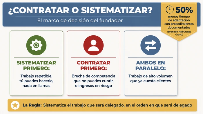 Infografía resumen que muestra las tres resoluciones del marco de decisión contratar-o-sistematizar: SISTEMATIZAR PRIMERO para trabajo repetible que el fundador puede hacer, CONTRATAR PRIMERO para brechas de competencia o ingresos en riesgo, y AMBOS EN PARALELO para trabajo de alto volumen que ya cuesta clientes, con la regla de priorización de que se sistematiza el trabajo en el orden en que será delegado.