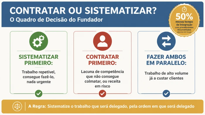 Infográfico de resumo a mostrar as três decisões do quadro contratar-ou-sistematizar: SISTEMATIZAR PRIMEIRO para trabalho repetível que o fundador consegue fazer, CONTRATAR PRIMEIRO para lacunas de competência ou receita em risco, e FAZER AMBOS EM PARALELO para trabalho de alto volume já a custar clientes, com a regra de priorização de que se sistematiza o trabalho pela ordem em que será delegado.