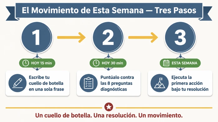 Plan de acción de tres pasos para esta semana: dedicar 15 minutos hoy a escribir tu cuello de botella en una sola frase, 30 minutos a puntuarlo contra las ocho preguntas diagnósticas, luego ejecutar la primera acción bajo tu resolución dentro de la semana.