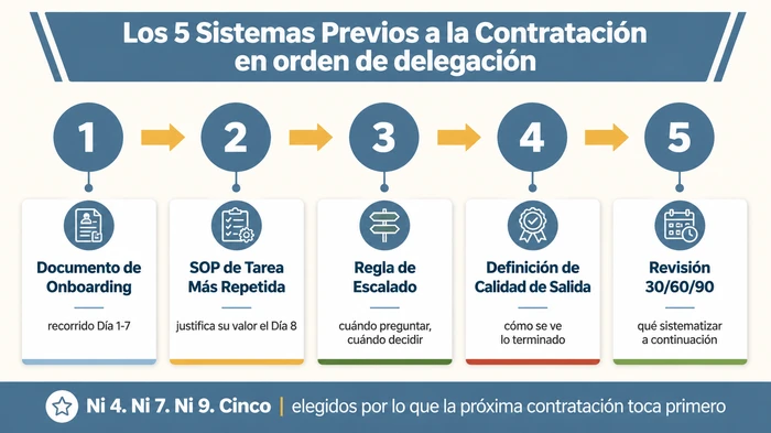 Flujo de proceso de cinco pasos que muestra la lista de comprobación reconciliada de sistemas previos a la contratación en orden de delegación: documento de onboarding para la primera semana, SOP de la tarea más repetida, regla de escalado, definición de calidad de salida, y el punto de revisión 30-60-90.