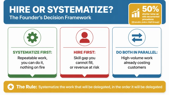 Summary infographic showing the three rulings of the hire-or-systematize decision framework: SYSTEMATIZE FIRST for repeatable work the founder can do, HIRE FIRST for skill gaps or revenue at risk, and DO BOTH IN PARALLEL for high-volume work already costing customers, with the prioritisation rule that you systematize work in the order it will be delegated.