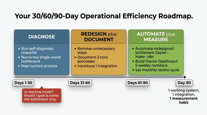 A horizontal 30/60/90-day operational efficiency roadmap divided into three colour-coded phases: Diagnose (Days 1-30, find the worst bottleneck), Redesign and Document (Days 31-60, remove steps and document two processes), and Automate and Measure (Days 61-90, automate the bottleneck and build an Owner's Dashboard), with a note that firefighting owners should focus only on naming the bottleneck in Month 1.