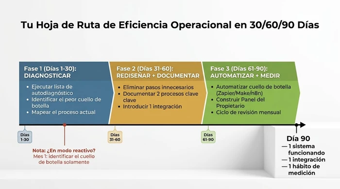 Una hoja de ruta horizontal de eficiencia operacional de 30/60/90 días dividida en tres fases codificadas por color: Diagnosticar (Días 1-30, encontrar el peor cuello de botella), Rediseñar y Documentar (Días 31-60, eliminar pasos y documentar dos procesos), y Automatizar y Medir (Días 61-90, automatizar el cuello de botella y construir un Panel del Propietario), con una nota de que los propietarios en modo reactivo deben centrarse únicamente en identificar el cuello de botella durante el Mes 1.