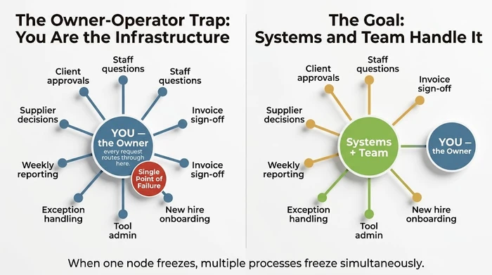 Two hub-and-spoke diagrams comparing the Owner-Operator Trap — where the business owner is the central node every approval, question, and exception routes through — against the goal state where systems and team members handle these flows directly, with the owner at the perimeter rather than the centre.