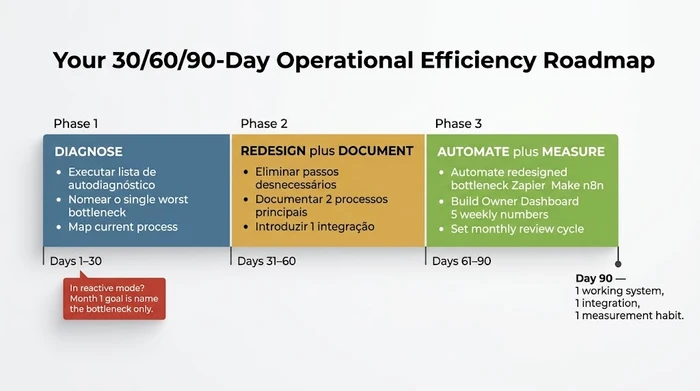 Um roteiro horizontal de eficiência operacional de 30/60/90 dias dividido em três fases com código de cores: Diagnosticar (Dias 1-30, encontrar o pior estrangulamento), Redesenhar e Documentar (Dias 31-60, eliminar passos e documentar dois processos), e Automatizar e Medir (Dias 61-90, automatizar o estrangulamento e construir um Painel do Proprietário), com uma nota de que os proprietários em modo reactivo devem concentrar-se apenas em nomear o estrangulamento no Mês 1.