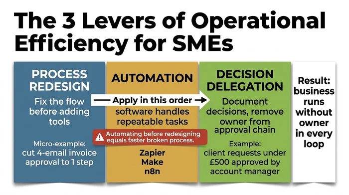 Summary infographic showing the three levers of operational efficiency for small businesses — process redesign, automation, and decision delegation — arranged in sequence with the instruction to apply them in that order, and a warning that automating before redesigning produces a faster broken process.