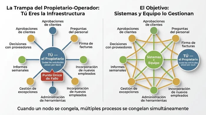 Dos diagramas de hub y radios que comparan la Trampa del Propietario-Operador — donde el propietario del negocio es el nodo central por el que pasan todas las aprobaciones, preguntas y excepciones — frente al estado objetivo donde los sistemas y los miembros del equipo gestionan estos flujos directamente, con el propietario en el perímetro en lugar del centro.