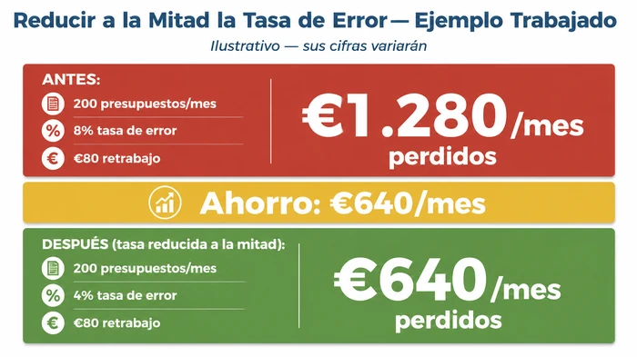Comparación ilustrativa antes y después del coste mensual de retrabajo cuando la tasa de error de un proceso de presupuestos se reduce a la mitad, del 8% al 4%, sobre 200 presupuestos al mes con €80 de retrabajo cada uno — el coste perdido cae de €1.280 a €640 al mes, un ahorro mensual de €640. Las cifras son ilustrativas — sus propias cifras variarán.