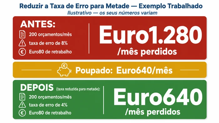 Comparação ilustrativa antes-e-depois do custo mensal de retrabalho quando a taxa de erro de um processo de orçamentação é reduzida para metade, de 8% para 4%, em 200 orçamentos por mês a Euro80 de retrabalho cada — o custo perdido cai de Euro1.280 para Euro640 por mês, uma poupança mensal de Euro640. Os valores são ilustrativos — os seus próprios números variam.