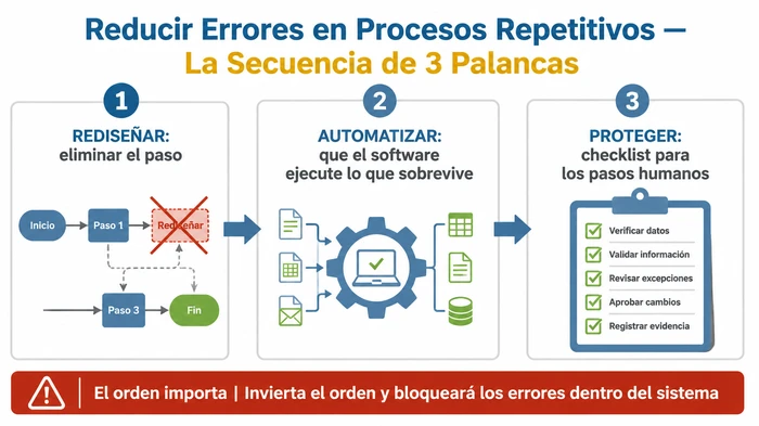 Infografía resumen de la secuencia de tres palancas para reducir errores en procesos de negocio repetitivos — primero Rediseñar, luego Automatizar y después Proteger con checklists — con una advertencia de que invertir el orden bloquea los errores dentro del sistema.