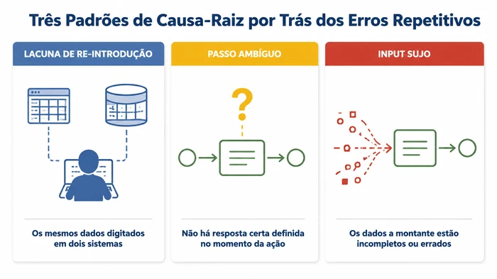 Três padrões de causa-raiz por trás dos erros repetitivos em processos de negócio apresentados lado a lado — re-introdução de dados entre sistemas, passos ambíguos sem resposta certa definida, e dados de entrada sujos a montante — para ajudar o leitor a diagnosticar qual o padrão que corresponde ao seu próprio erro recorrente.