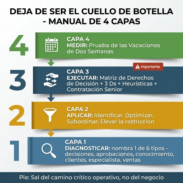 Infográfico de manual de cuatro capas para dejar de ser el cuello de botella: Capa 1 diagnostica los seis tipos de cuello de botella, Capa 2 aplica la Teoría de las Restricciones, Capa 3 ejecuta la transferencia de propiedad mediante una matriz de derechos de decisión, Capa 4 mide con la prueba de las vacaciones de dos semanas.