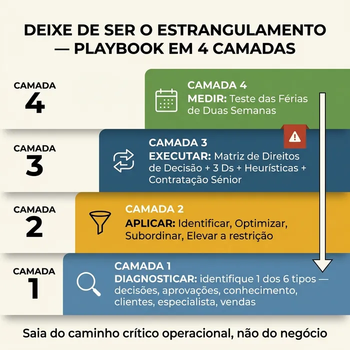 Infográfico de playbook em quatro camadas para deixar de ser o estrangulamento: Camada 1 diagnosticar os seis tipos de estrangulamento, Camada 2 aplicar a Teoria das Restrições, Camada 3 executar a transferência de propriedade através de uma matriz de direitos de decisão, Camada 4 medir com o teste das férias de duas semanas.
