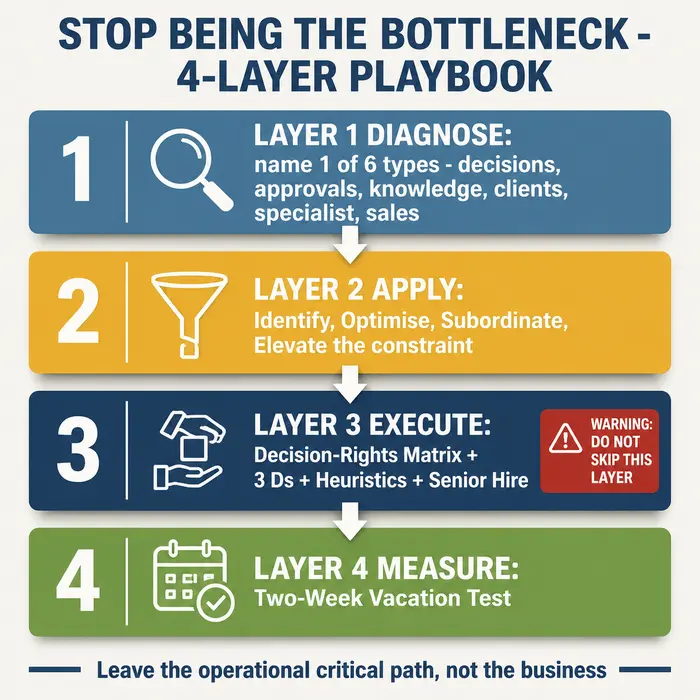 Four-layer playbook infographic for stopping being the bottleneck: Layer 1 diagnose six bottleneck types, Layer 2 apply Theory of Constraints, Layer 3 execute ownership transfer via decision-rights matrix, Layer 4 measure with the two-week vacation test.