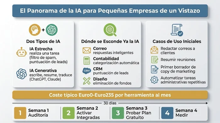 Infografía que resume la IA para pequeñas empresas: IA estrecha frente a generativa, dónde vive ya la IA en herramientas cotidianas, cuatro casos de uso iniciales, una banda de coste mensual de Euro0-Euro235 por herramienta y una secuencia inicial de cuatro semanas.
