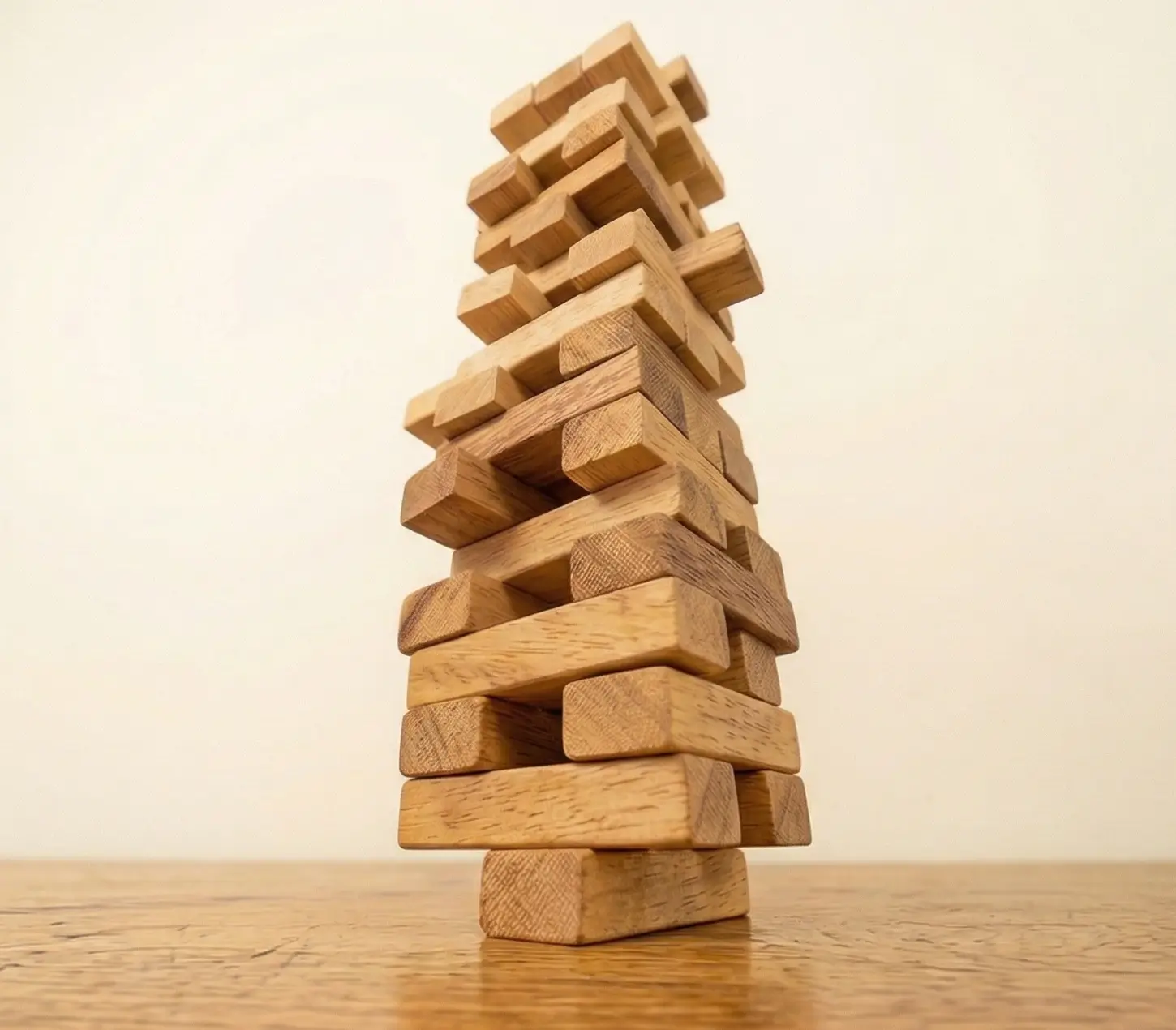 Precarious Jenga tower mid-game -- a metaphor for a business that's still standing but one move from collapse